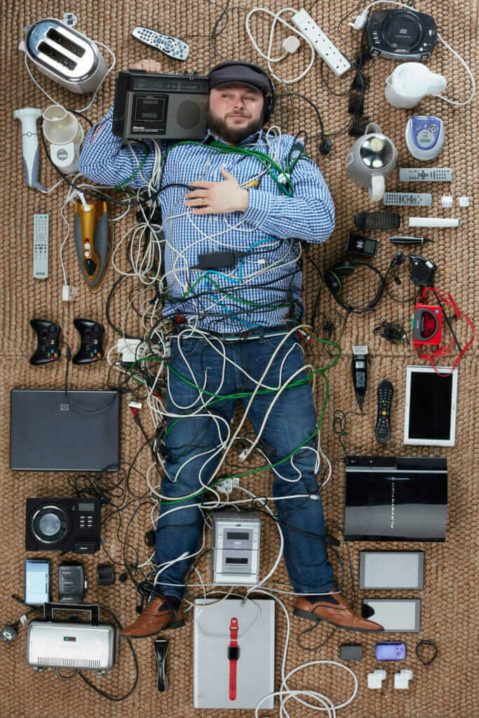 Ian Downs, DJ Downsy, with old electricals photogrphed by Gregg Segal
