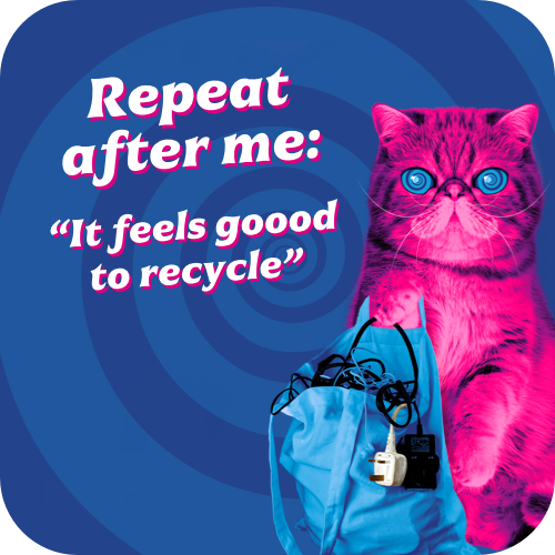 Magenta cat 'HypnoCat' with bag of electricals. Text: Repeat after me: It feels goood to recycle.