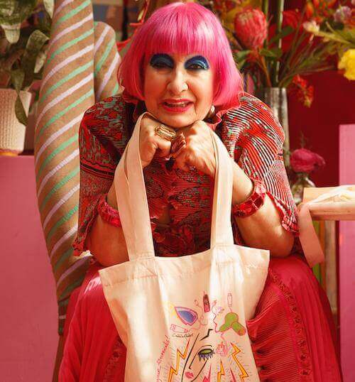 Zandra Rhodes with electrical tote 5 sqd