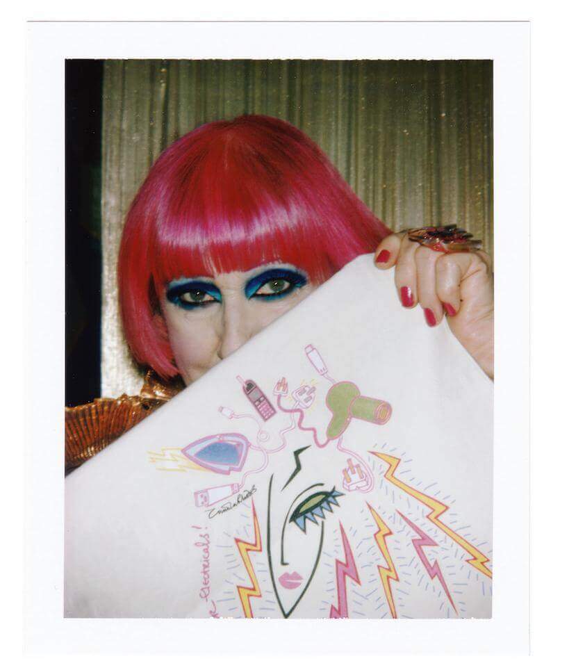 Zandra Rhodes polaroid with electrical tote