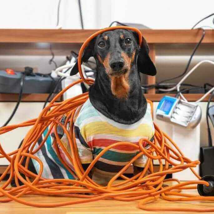 dog tangled up in cables