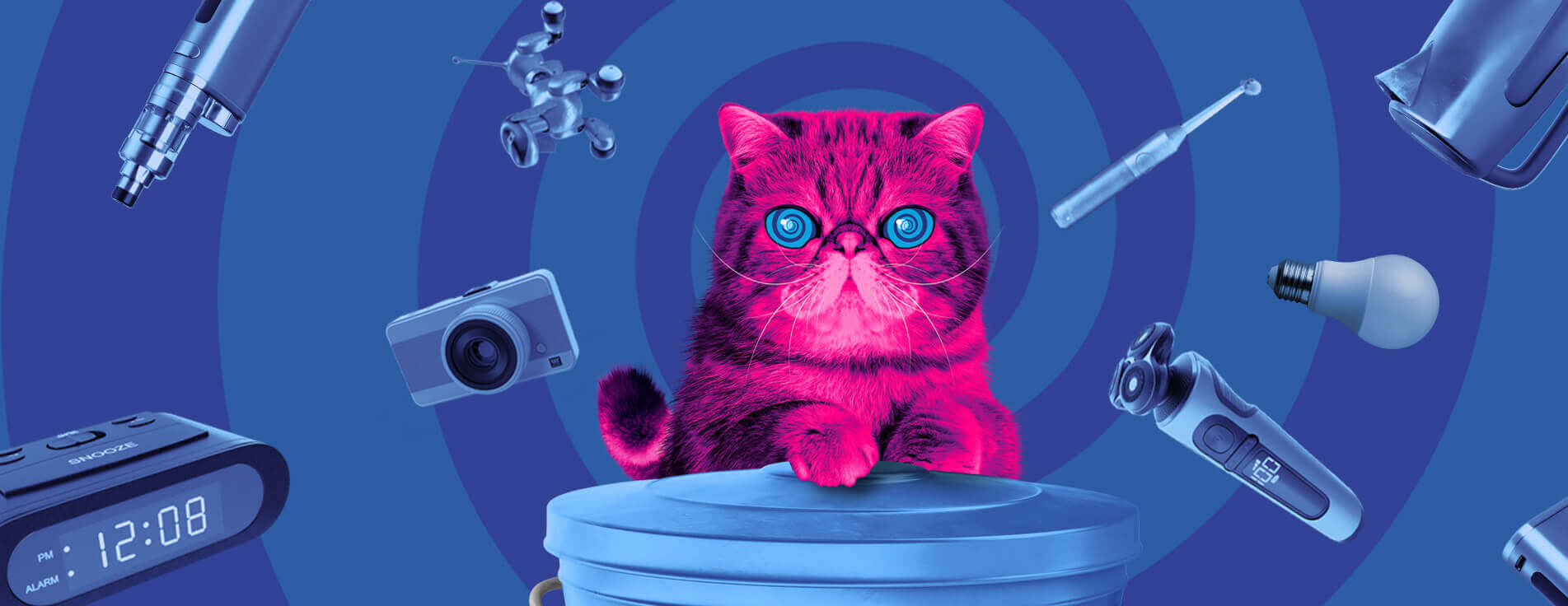 Magenta cat 'Hypnocat' resting on a dustbin with electrical items floating around his head in a blue spiral