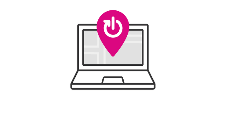 Illustration of a laptop with recycling locator icon in pink