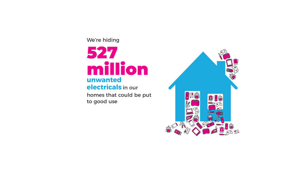 Graphic of blue house overflowing with pink electrical items pouring out the doors, windows and chimneys. Text: We're hiding 527 million unwanted electricals in our homes that could be put to good use.