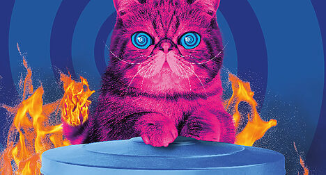 hypnocat resting on a waste bin surrounded by flames