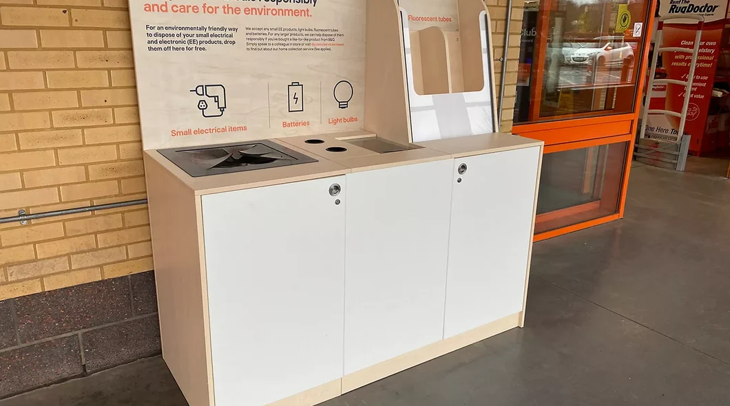 a mid shot of a B&Q electrical recycling drop off area
