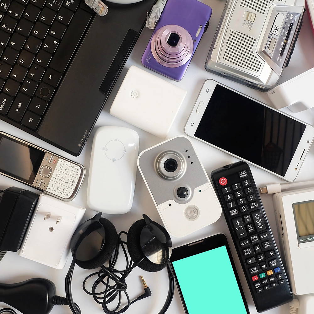overhead view of a table completely covered in small electrical devices