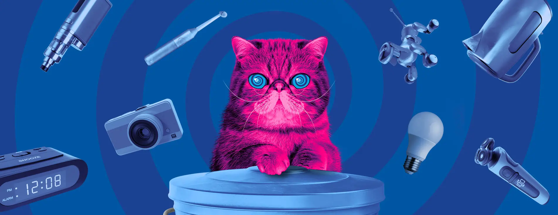 Image of Hypnocat - a bright pink persian cat - leaning on a waste bin with various small electricals swirling around him on a blue background